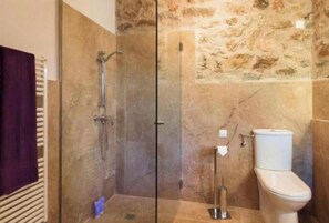 Douche, séchoir à cheveux, serviettes fournies, papier de toilette