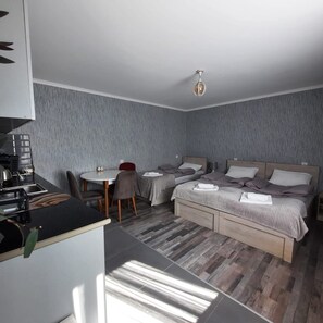 Ein modernes Schlafzimmer mit zwei Betten, einer kleinen Essecke und einer Küchenzeile.