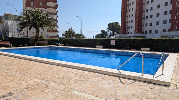 Una piscina rectangular con suelo de piedra, rodeada por un seto bajo y palmeras.