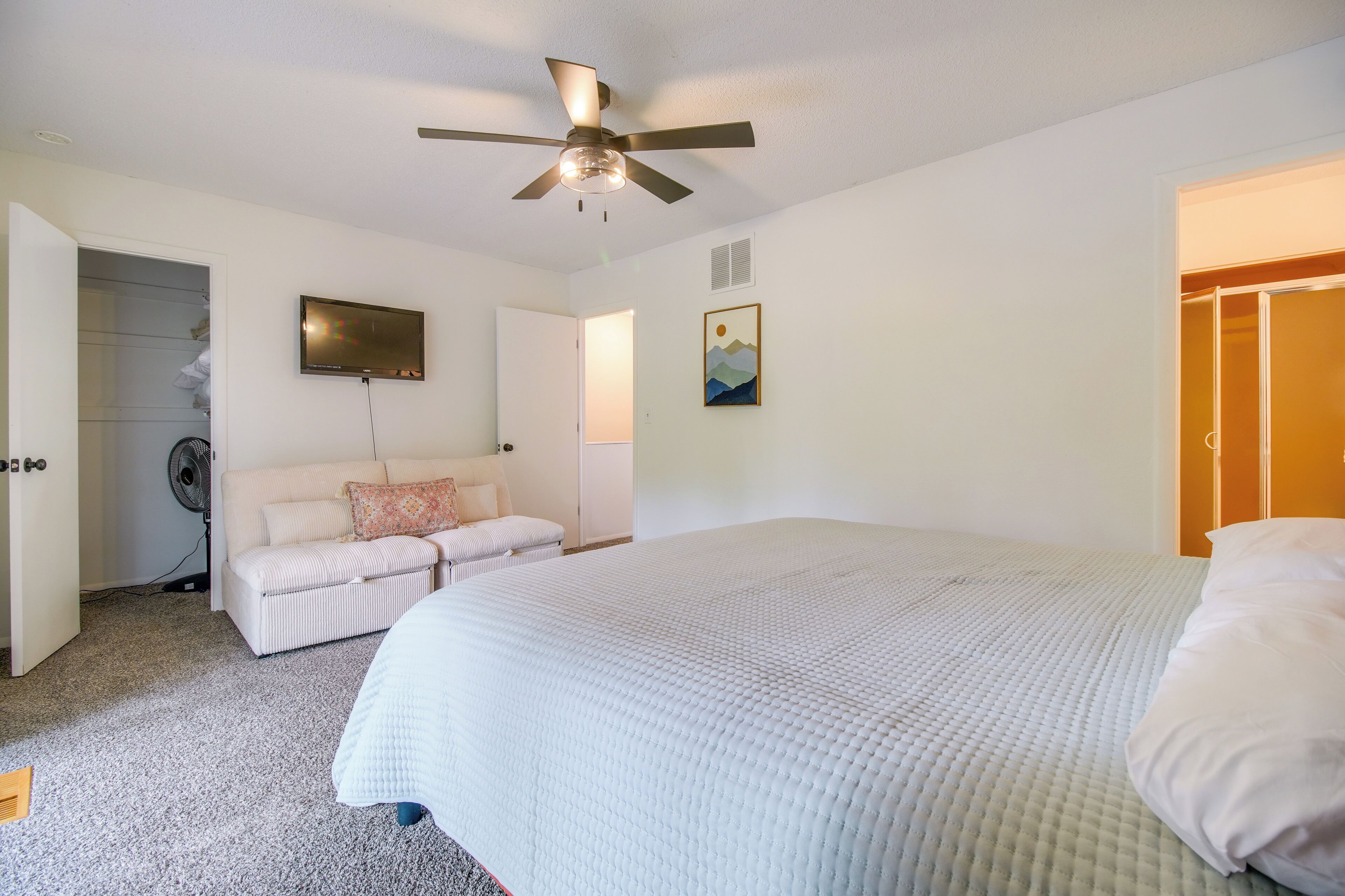 A bedroom with a bed, a ceiling fan, a TV, a painting, and a closet.