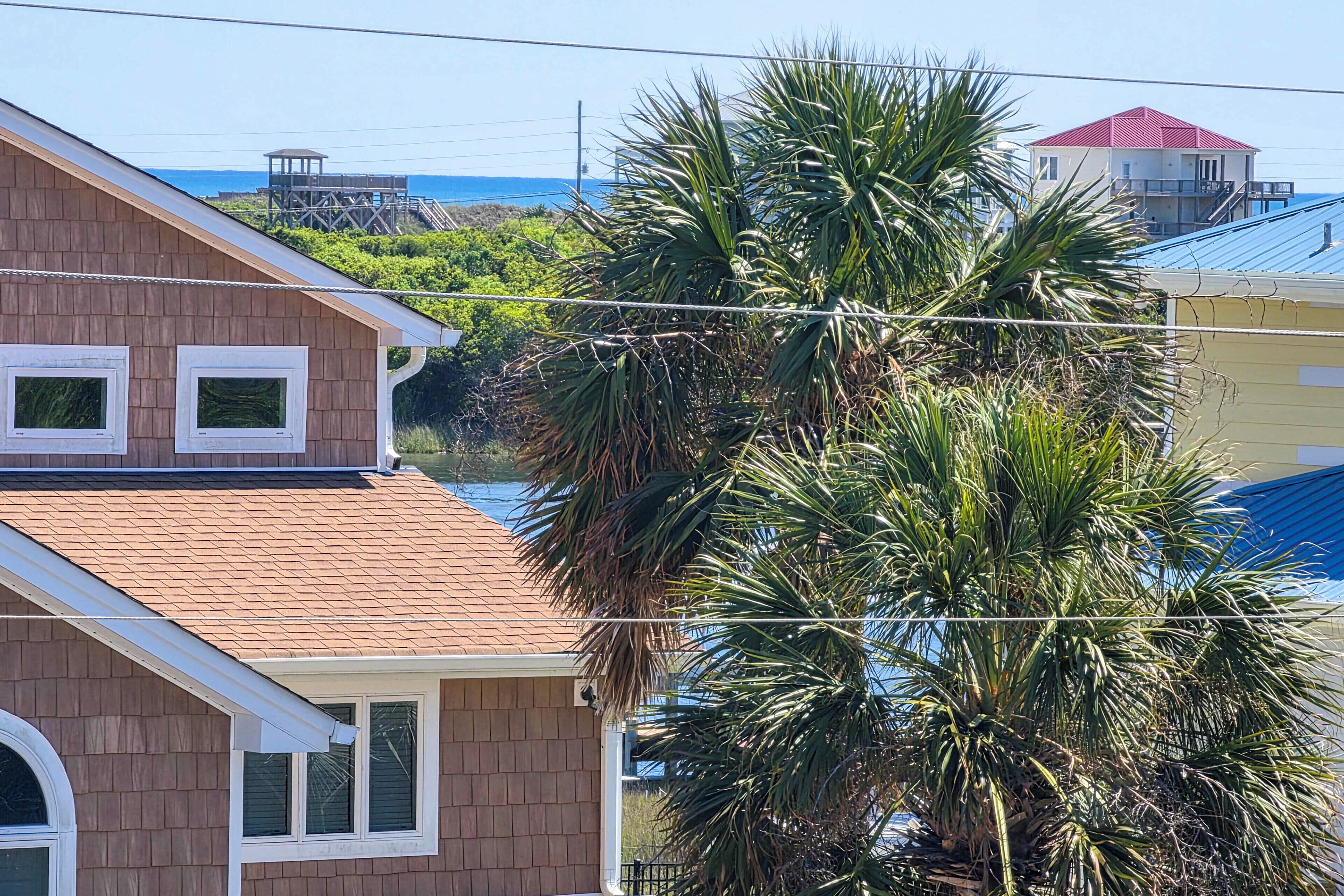 A residential building with a brown roof, white window frames, and a palm tree in the foreground.