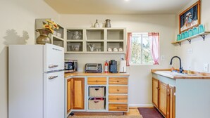 A compact kitchen with a refrigerator, microwave, toaster, and sink.