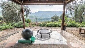 Un espacio al aire libre con suelo de piedra, equipamiento de ejercicio, una colchoneta blanca y vistas a un paisaje montañoso.