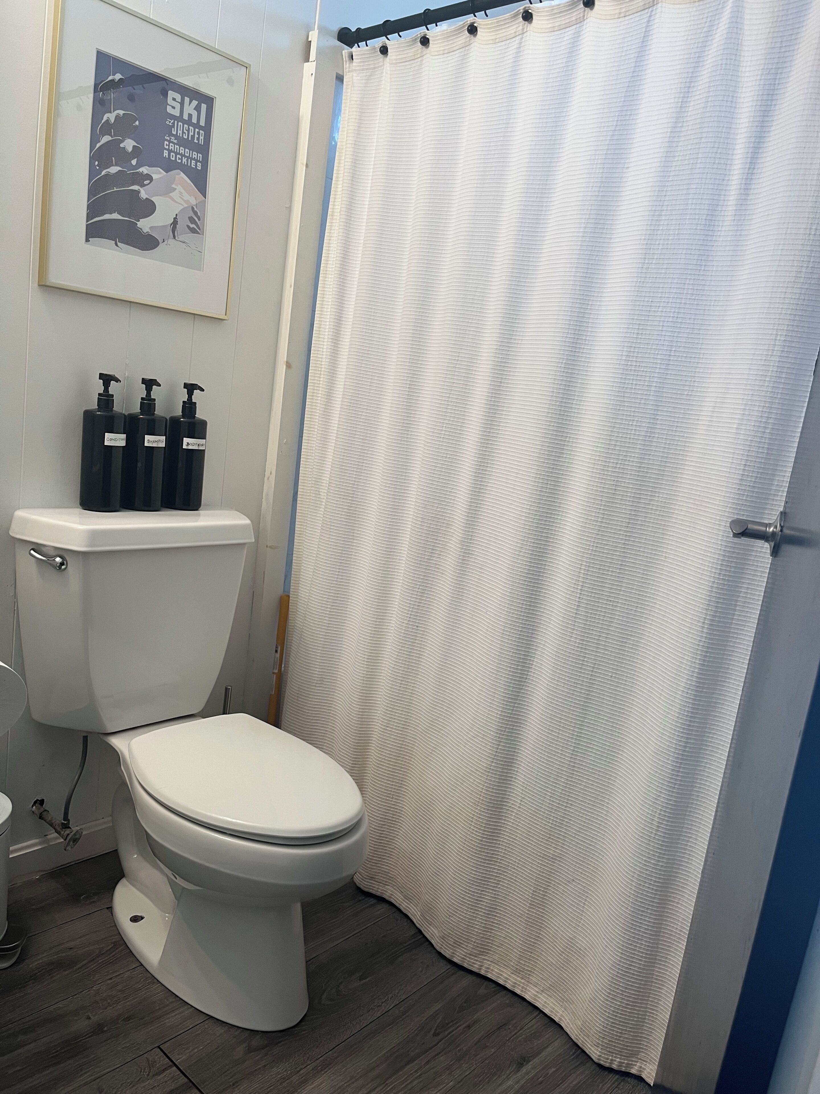 A bathroom with a toilet, a shower curtain, and three bottles of toiletries on the wall.