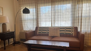 A living room with a brown sofa, a wooden coffee table, a floor lamp, and a window with checkered curtains.