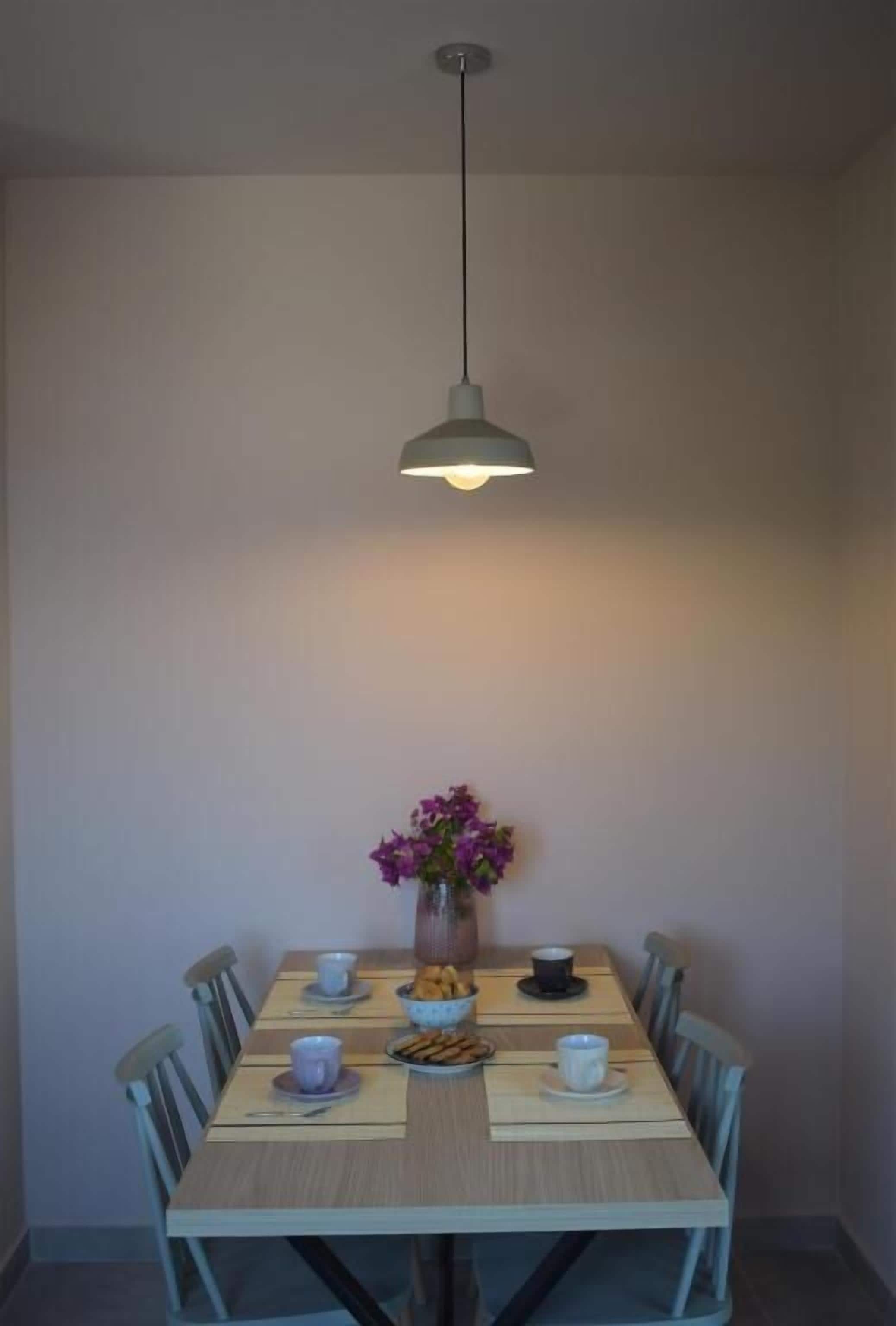 Ett matbord med stolar, en vas med blommor och en hängande lampa.