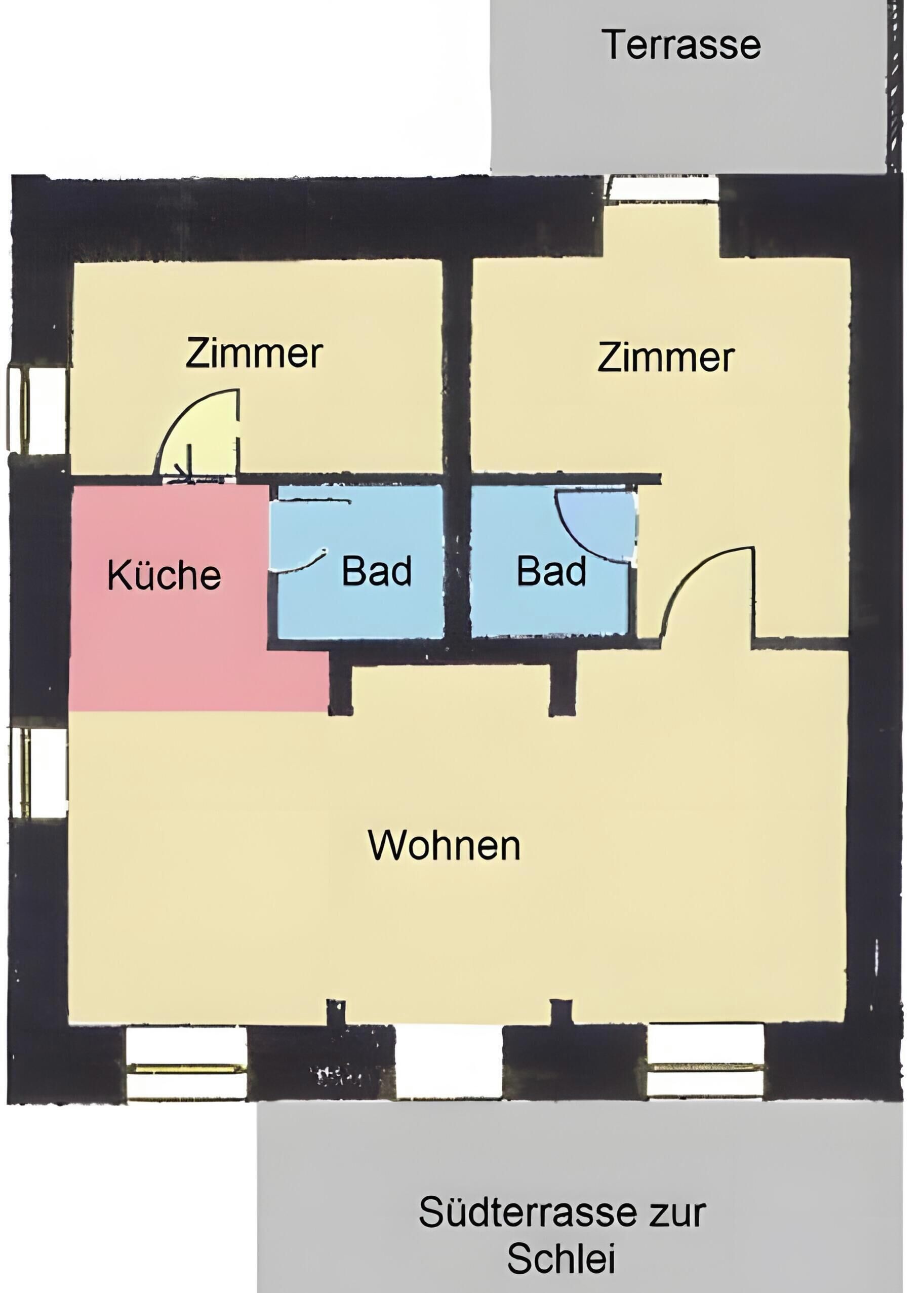 Un plan d’étage indiquant les différentes pièces : deux chambres, une cuisine, un salon et une terrasse.