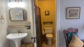 Ein Badezimmer mit einem Standwaschbecken, einer Toilette, einer Duschvorhang und einem Sessel mit Kissen.