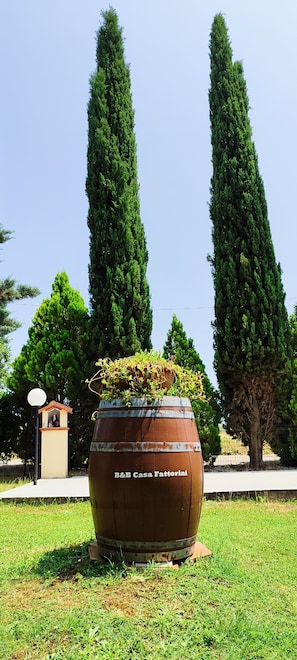 Un'ampia botte di legno con la scritta 'B&B Casa Fattorini', posizionata sull'erba con alberi alti sullo sfondo.