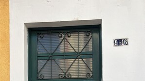 Eine grüne Metalttür mit Fenster, Briefkasten und Hausnummer.