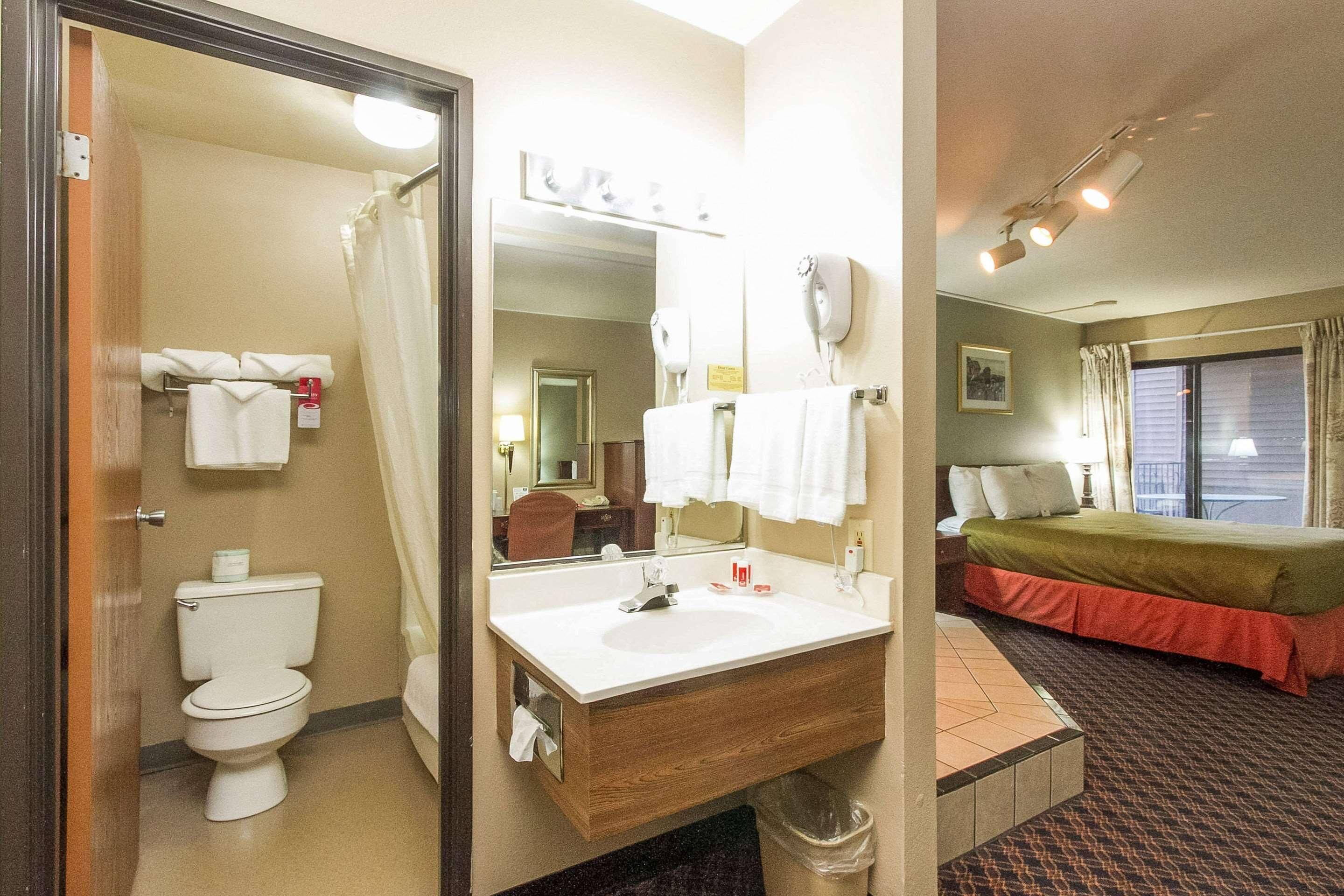 Un baño de hotel con inodoro, lavabo y ducha.