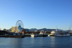 Un muelle con noria, barcos y edificios.