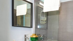 Un baño con inodoro, lavamanos con espejo y zona de ducha.