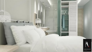 Ein modernes Schlafzimmer mit Bett, Kissen, Nachttisch und Beistelltisch.