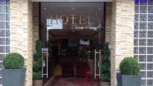 A hotel entrance with a glass door, a red carpet, and two potted plants. - Barking Hotel  (Barking)