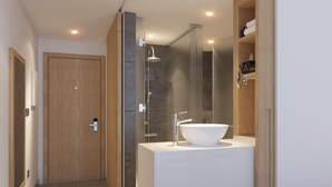 A modern bathroom with a large white sink, a shower, and a wooden door. - Premier Inn Dragon Mart Hotel (Dubai)
