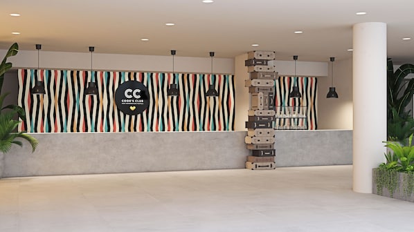 A modern hotel lobby with a striped wall design, a central column, and pendant lighting. - Cook's Club Sunny Beach (Nessebar)