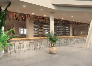 A modern bar area with a long counter, multiple bar stools, and a large potted plant. - Cook's Club Sunny Beach (Nessebar)