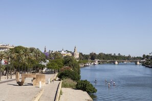 A riverside walkway with palm trees, a bridge, and paddleboarders. - Hotel Kivir Sevilla (Seville)