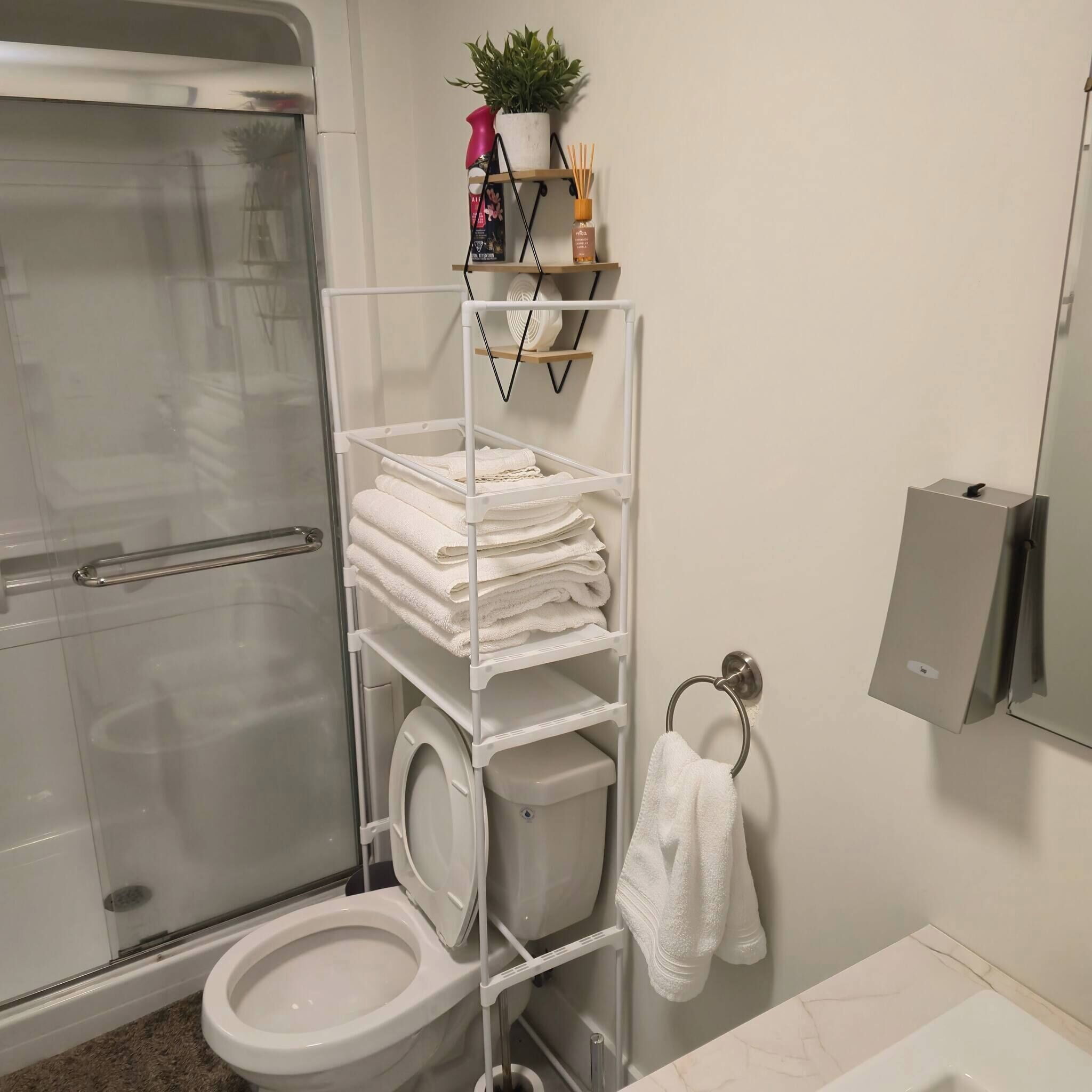 Baño con ducha, inodoro y toallero.
