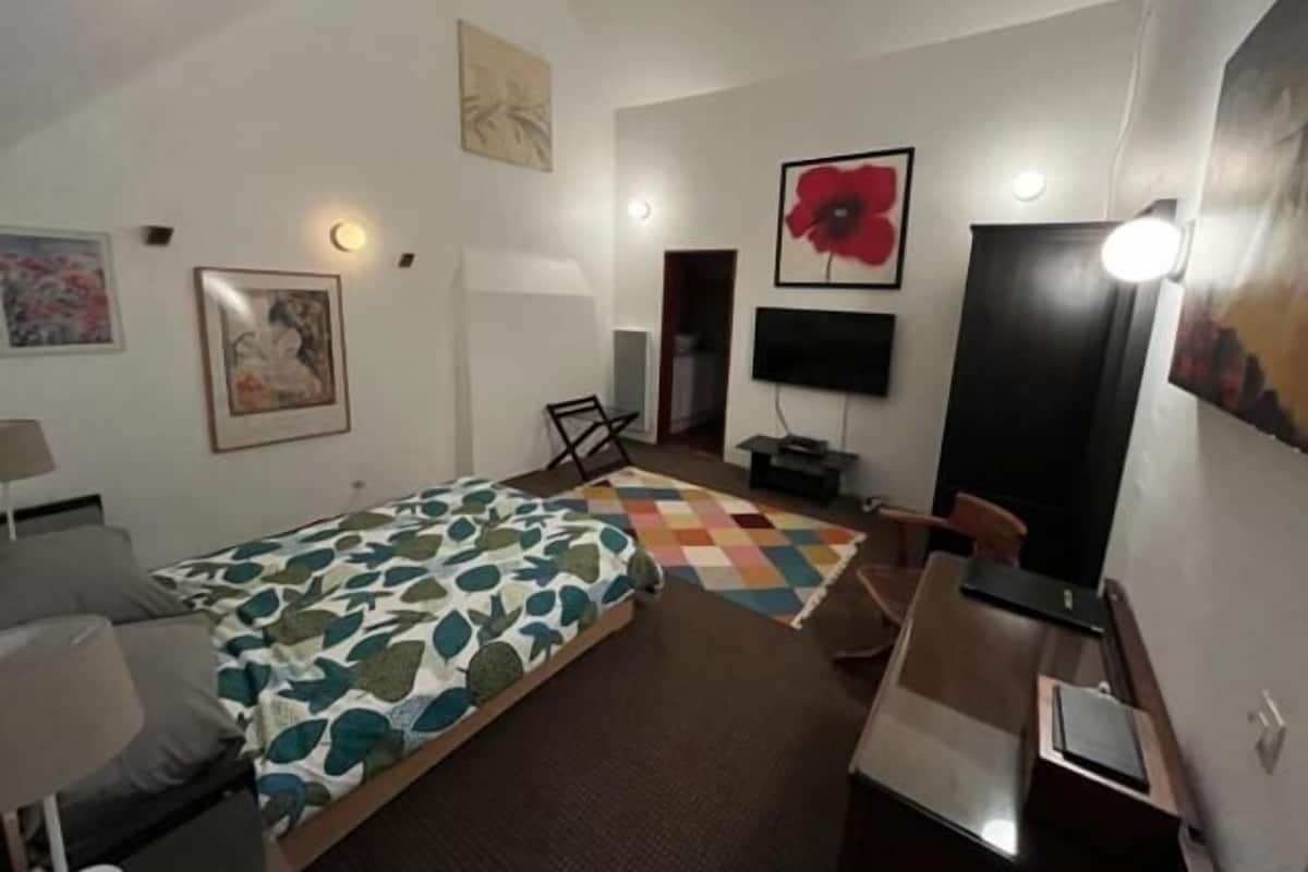 Un dormitorio con cama, escritorio, silla, televisor y obras de arte en las paredes.