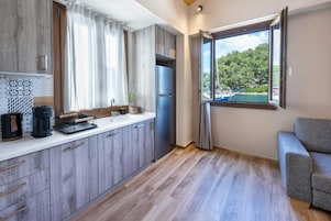 A modern kitchen with wooden cabinets, a built-in refrigerator, and a window with a view of a lake.
