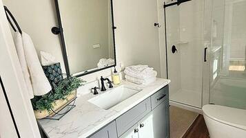 Shower, hair dryer, towels