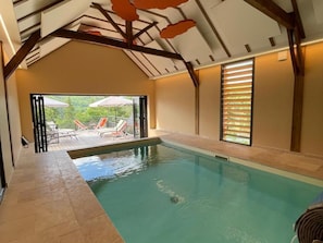 Ein Innenpool mit Blick auf eine Terrassenanlage im Freien.