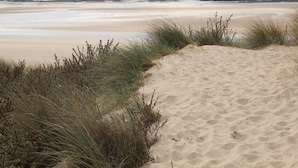 Una playa arenosa con dunas y vegetación escasa.