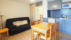 Ein kompakter Wohnbereich mit Küchenzeile, Essplatz und Sofa.