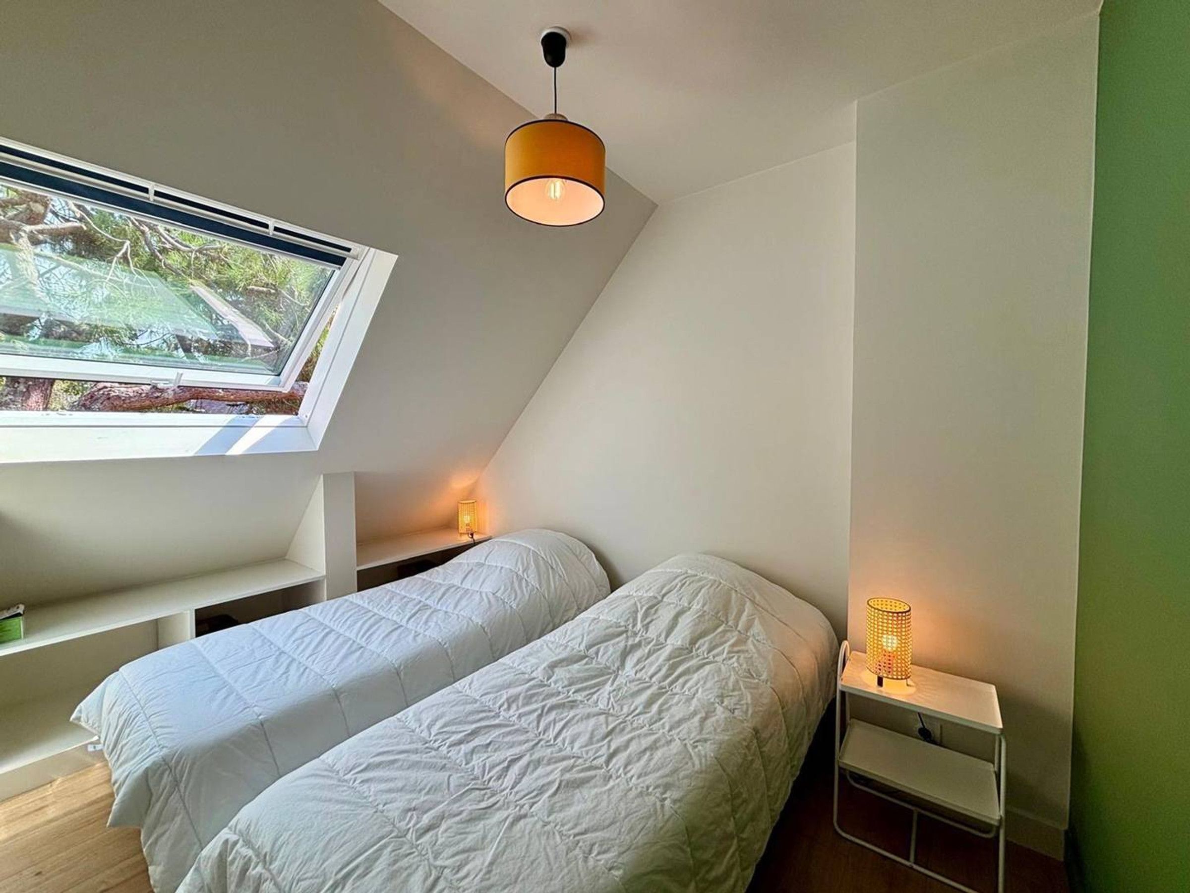 A bedroom with a skylight, two beds, a bedside table with a lamp, and a hanging light fixture.