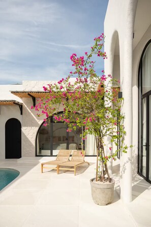 A modern outdoor area with a pool, lounge chairs, and a potted plant with pink flowers. - Luxurious 3 BR villa, 100 meters from the Beach (Seseh)