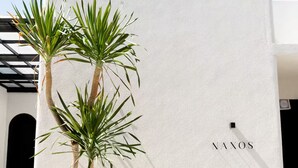 Eine weiße Wand mit dem Schriftzug 'NAXOS' und zwei Palmen davor.