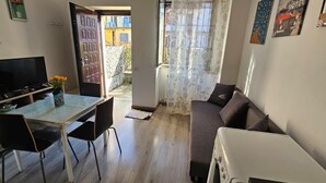 A living room with a sofa, a TV, a dining table with chairs, and a small kitchen area.