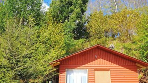 A small, single-story cabin with a red exterior, a window, and a door, surrounded by dense forest. - Cabins in Pucon (Araucanía)