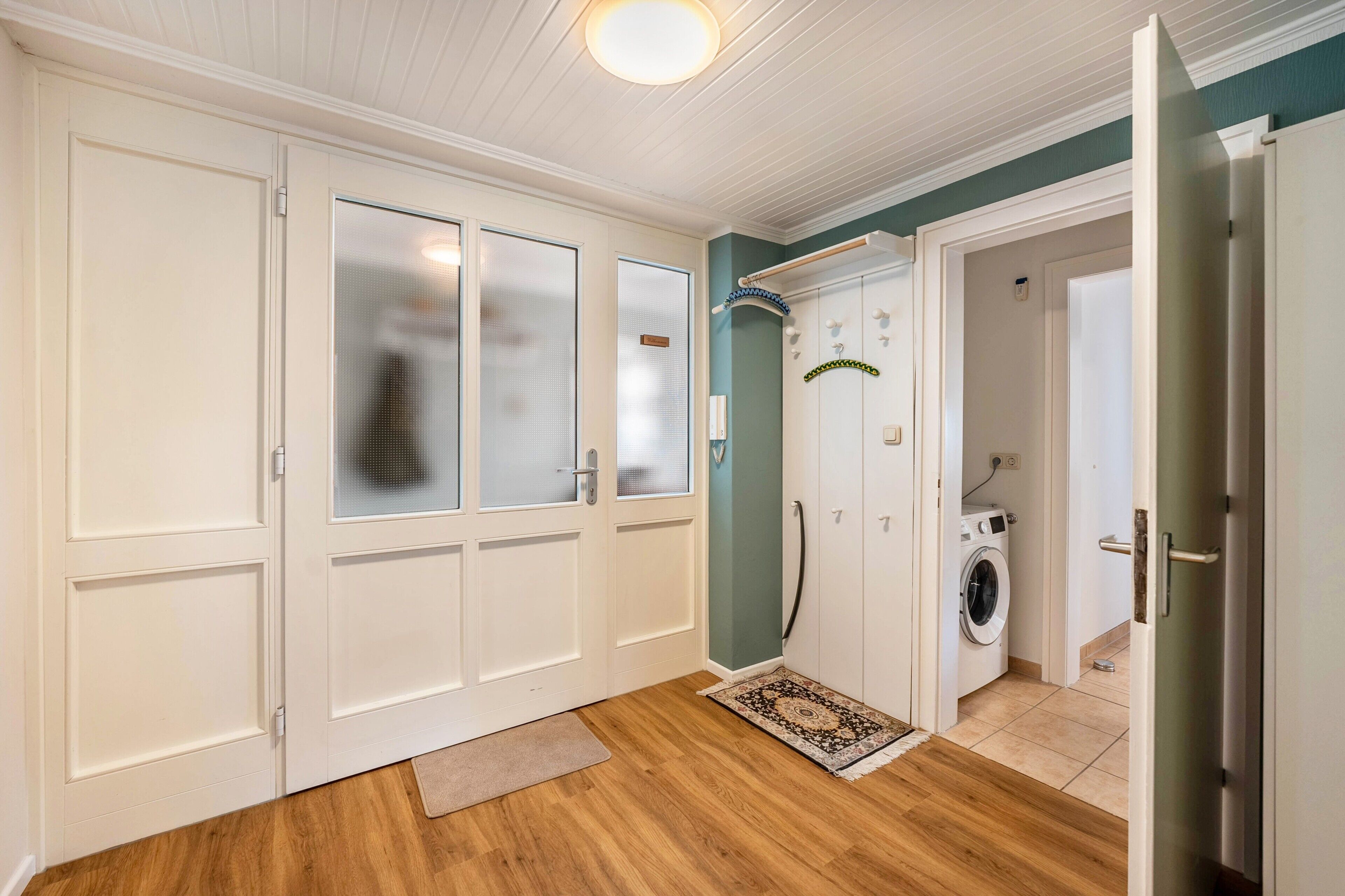 A hallway with a washing machine, a door with frosted glass panels, and a rug on the floor.