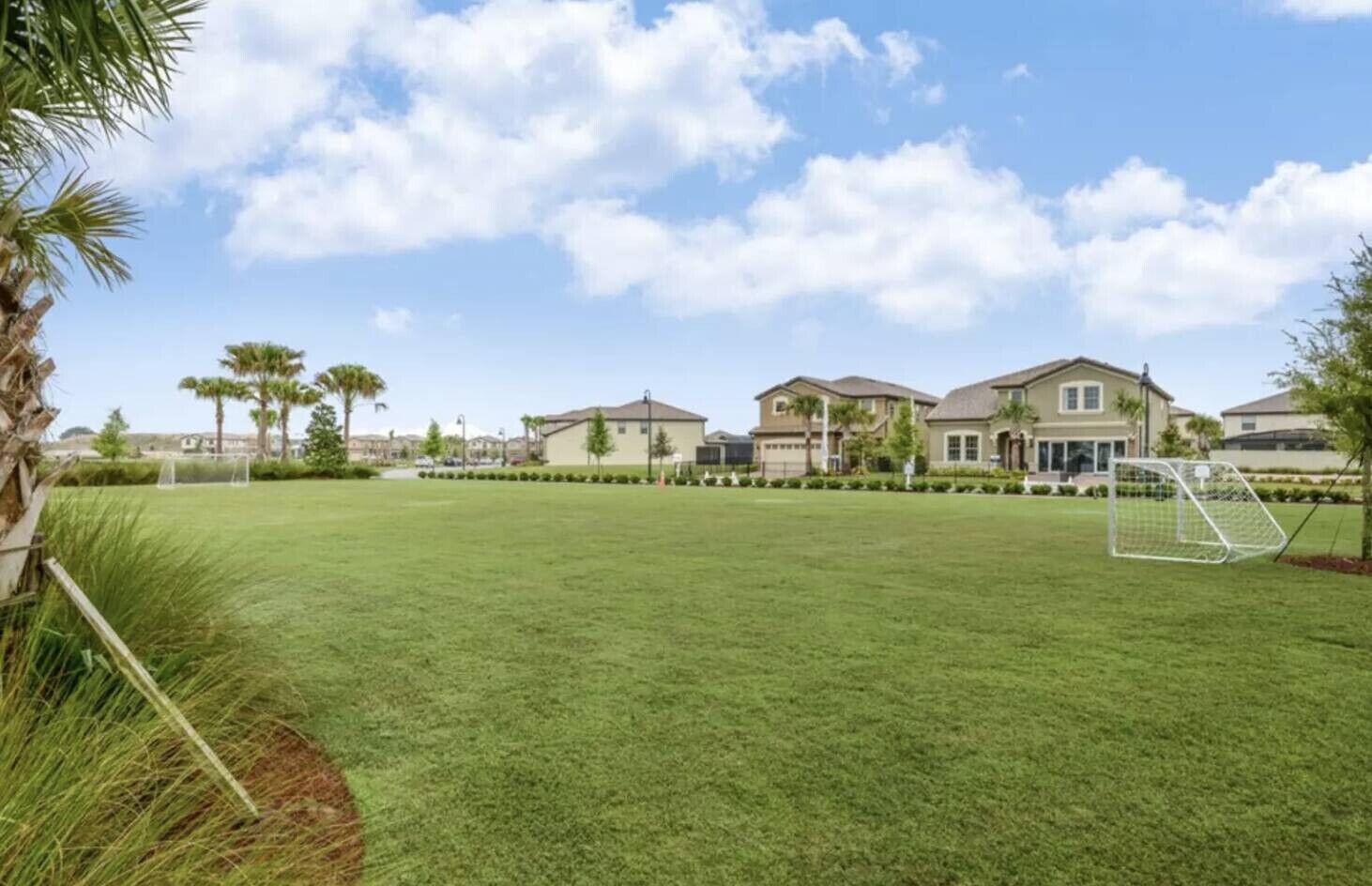 A residential area with houses, a grassy field, and a soccer goal.