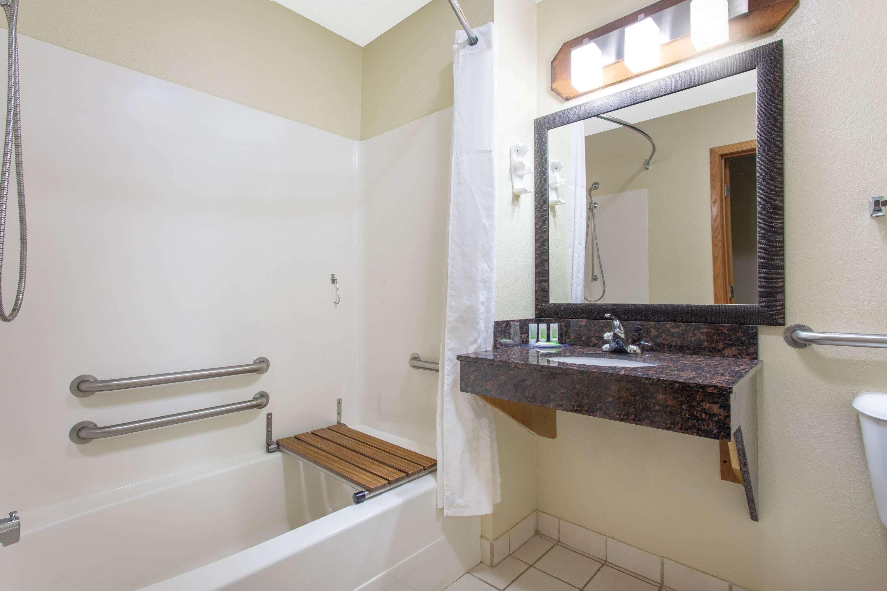 A bathroom with a shower, a sink, a mirror, and grab bars.