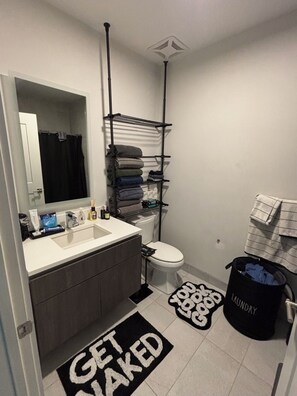 Shower, towels, toilet paper