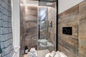 Shower, hair dryer, towels