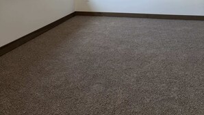 A room with a large window, carpeted floor, and a plain white wall.
