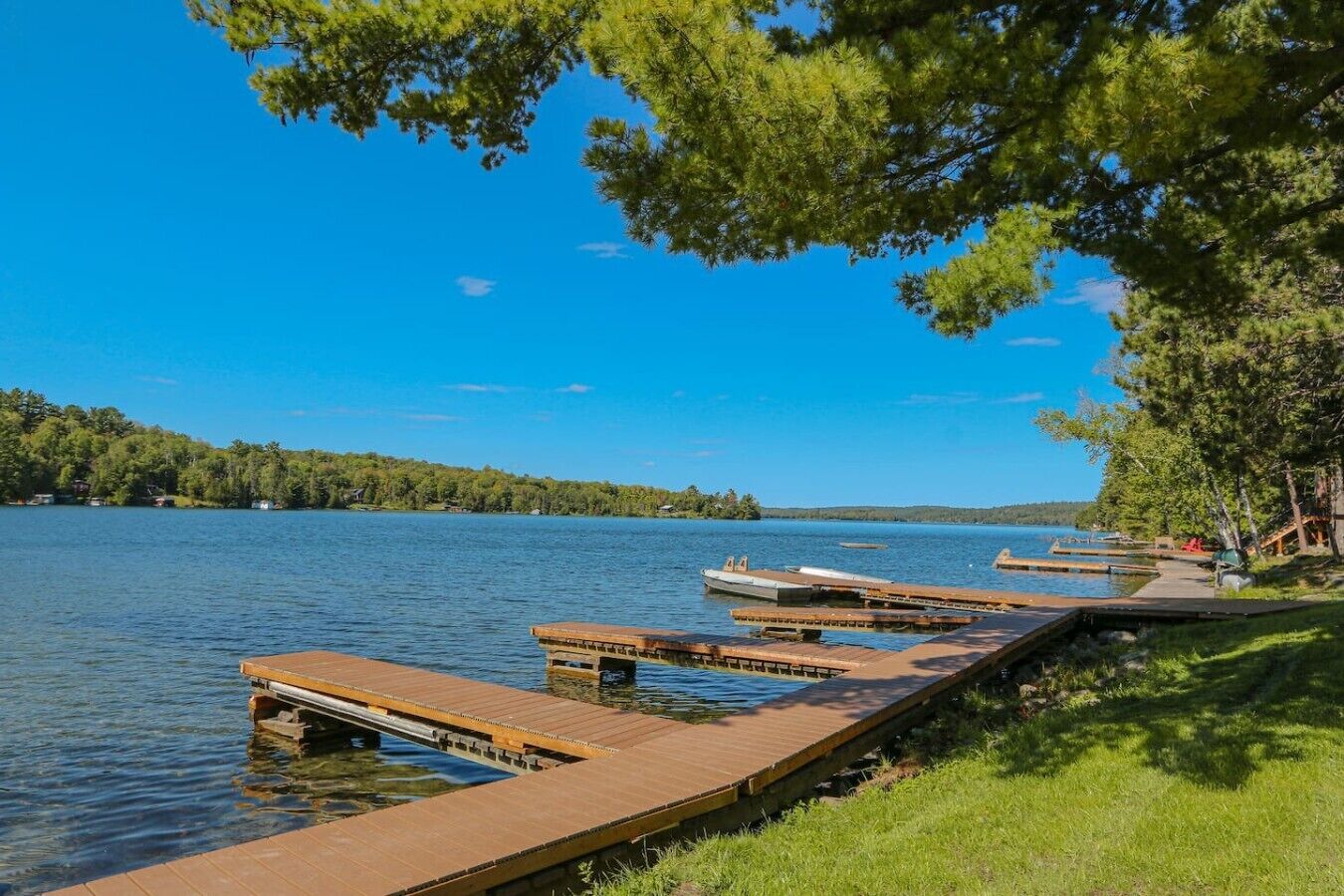 A lakeside dock with wooden piers extending into calm water, surrounded by lush greenery and a clear blue sky.