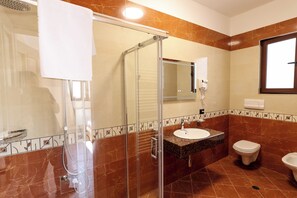 Shower, hair dryer, bidet, towels