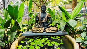 A Buddha statue in a garden with a pond. - Oh-Bali Villa by Travent Mug (Ramanagara)
