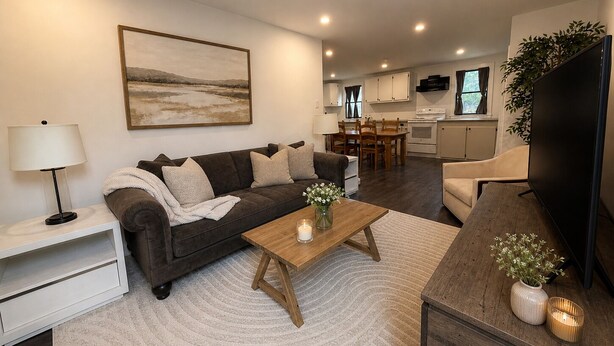 A living room with a sofa, coffee table, TV, and a painting on the wall. - Charming 2BR Guest House w/ Pool - Perfect Getaway (West Tisbury)