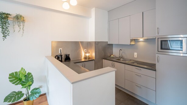 A modern kitchen with white cabinets, a countertop, a sink, a stove, and a microwave. There are hanging plants and a potted plant on the counter. - 2 Bedroom Apartment in Antwerp (Antwerp)