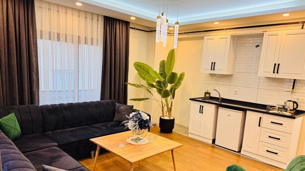 A modern living room with a black sofa, green armchairs, a wooden coffee table, and a potted plant. - MS BOUTIQUE OTEL (Mezitli)