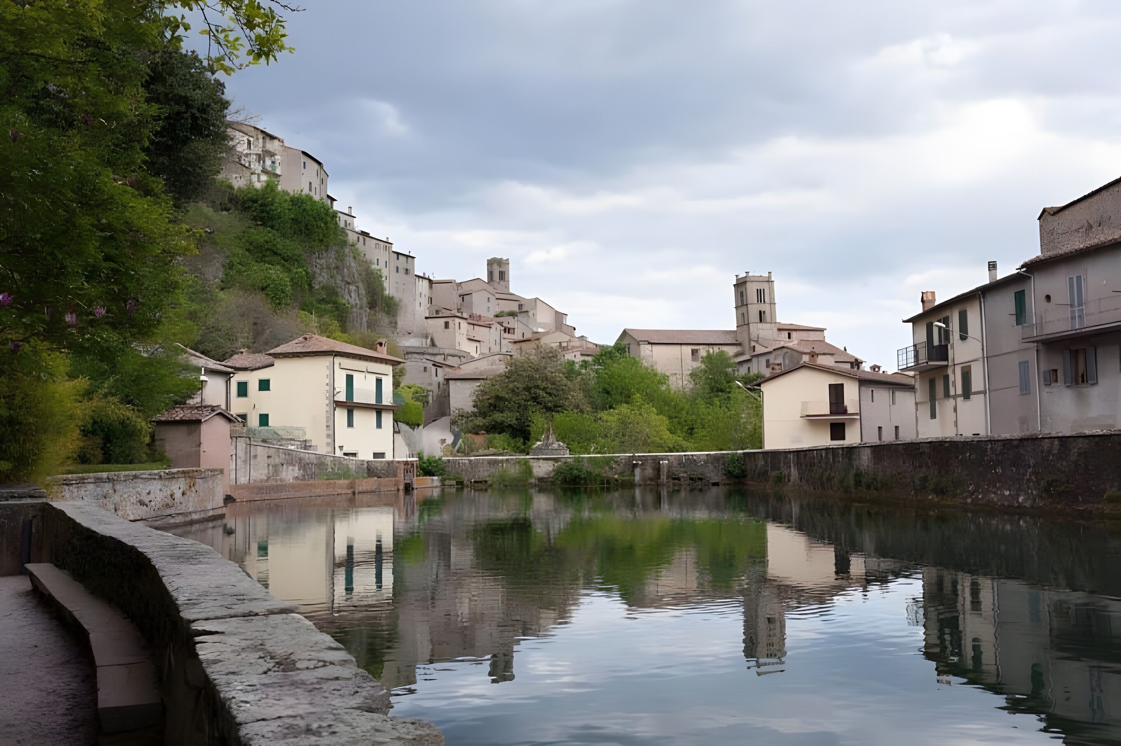 A riverside town with historic buildings, a bridge, and a calm water body.