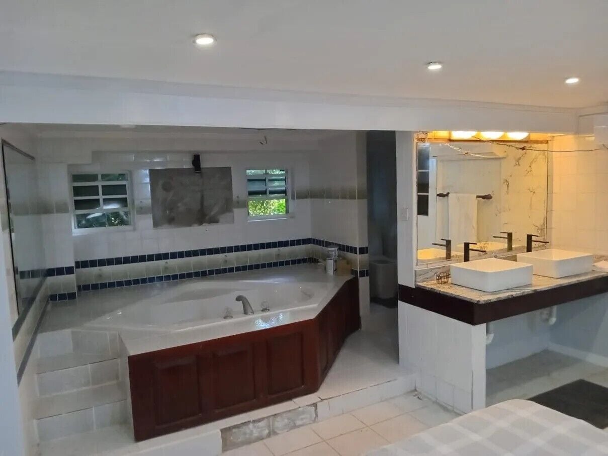Jetted bath, bidet, towels, toilet paper