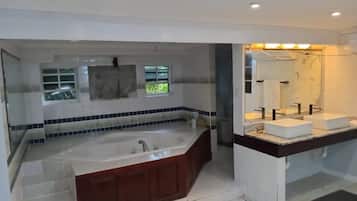 Jetted bath, bidet, towels, toilet paper